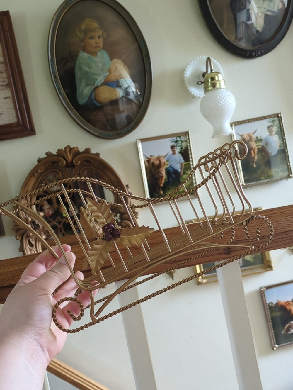 Vintage Gold Metal Wire Santa Sleigh Centerpiece - Holiday Decor Christmas Holly